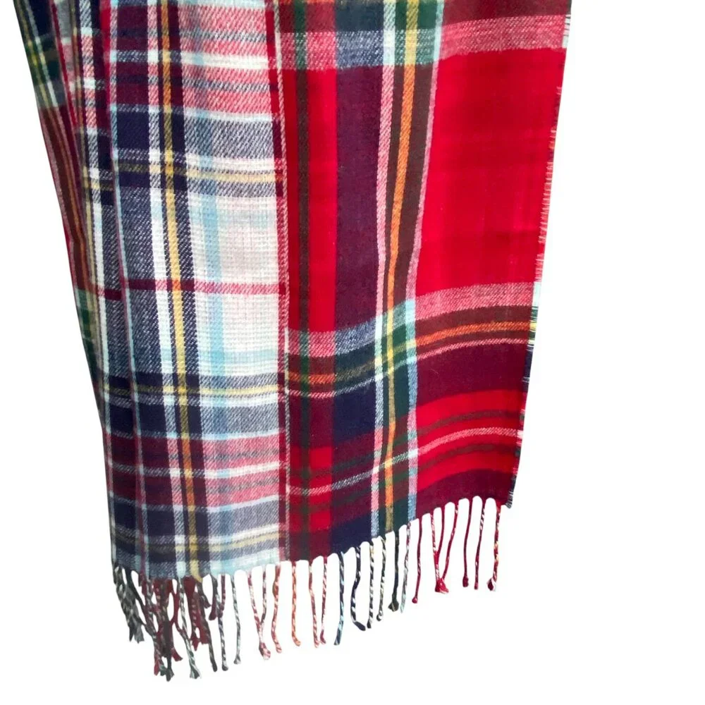 Lands End Unisex Tartan Plaid Scarf Red Blue Classic Holiday Old Money Preppy
